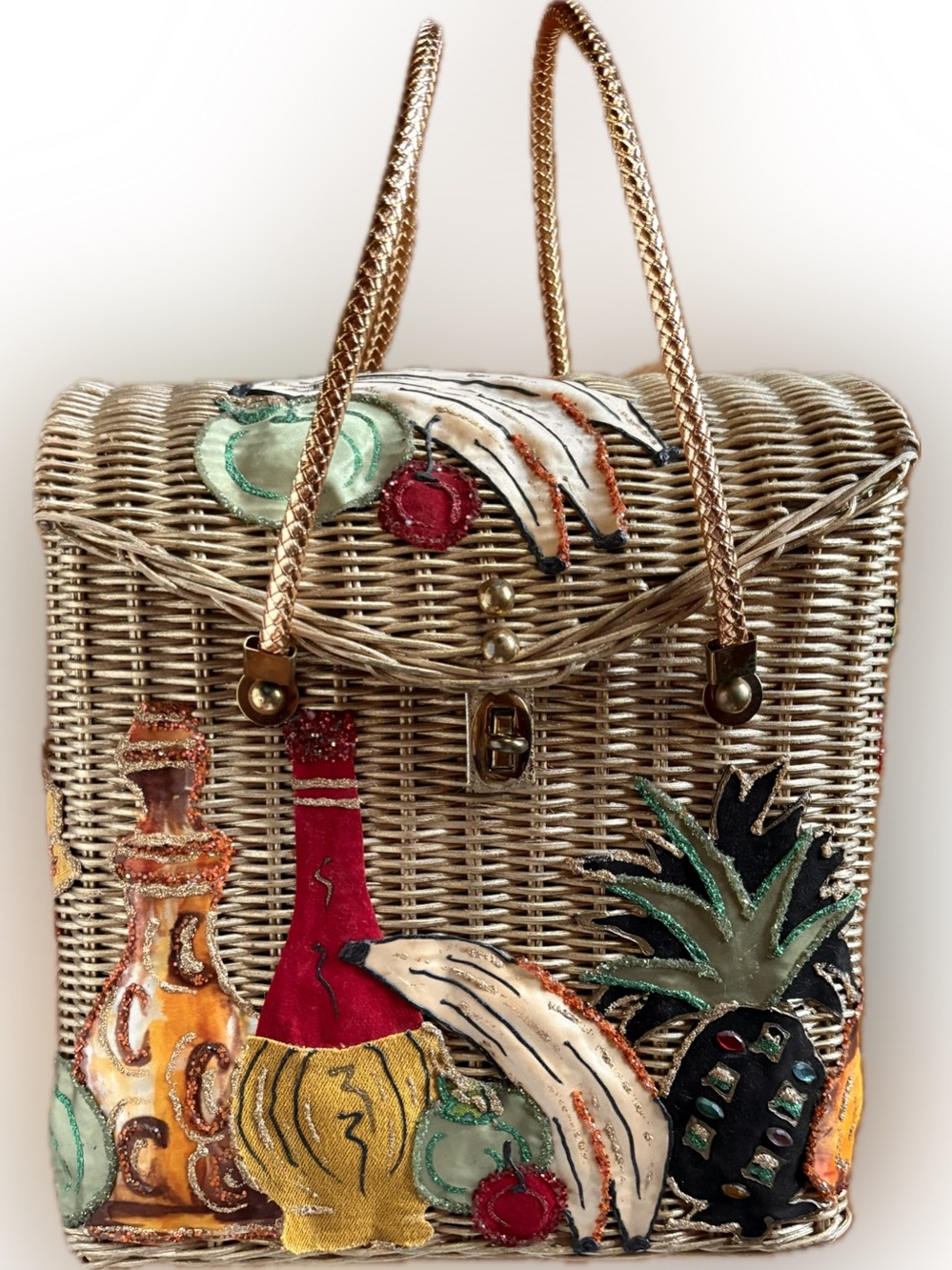 Vintage Handcrafted Midas of Miami Straw Tote Bag with Tropical Fruit Accents